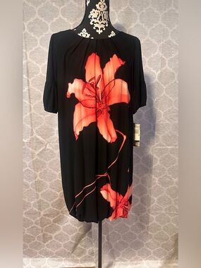 Julian Taylor NWT Black Dress w/Coral Lily Accent puff sleeve w/bubble hem sz 12